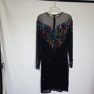 VTG NiteLine Sequin Bead Midi Dress Black SZ 8(M)